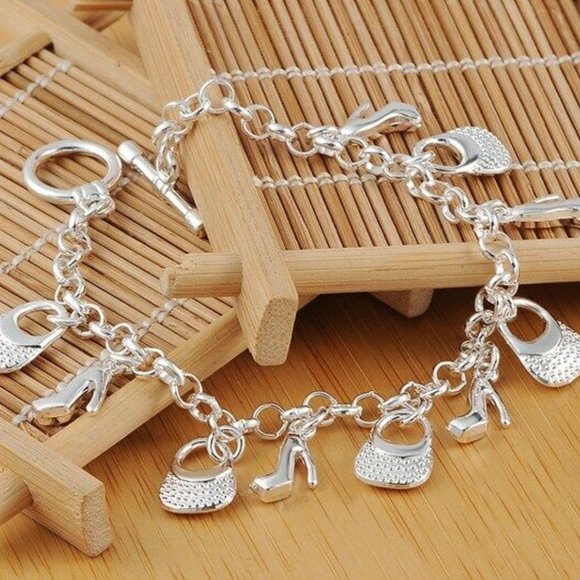 Silver Shoe & Handbag Charm Toggle Chain Bracelet - Picture 5 of 5